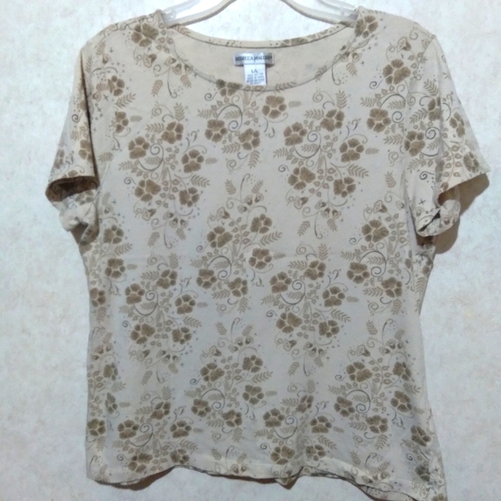 Rebecca Malone brown and tan short sleeve top size large 100% cotton